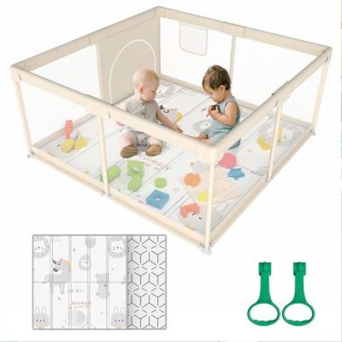 Fodoss Baby Playpen with Mat, 47x47in Extra-Large Baby Play Yard for Toddlers, Indoor/Outdoor Safety Playpen with Non-Slip Base (YELLOW)