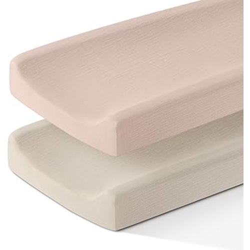 100% Cotton Muslin Changing Pad Cover for Boys Girls Baby 2 Pack, Soft and Breathable Diaper Change Table Sheets, Fit 32"x16" Contoured Pad, Fog & Blush