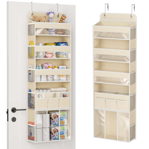 Over The Door Hanging Storage Organizer, 5 Tier Heavy-Duty Wardrobe Storage Organizer with Side Pockets, Foldable Behind Door Storage, Hanging Shelves for Bedroom, Bathroom and Baby Nursery, 1-Pack