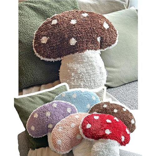 Mushroom Throw Pillow Tufted Mushroom Shape Decorative Cushion 15” x 15” – Mushroom Decor for Bed, Couch, Living Room (Brown)