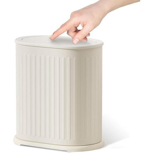 Steel Small Bathroom Trash Can with Lid Press Top 9L/2.4 Gallon Dog Proof Wastebasket with Removable Liner Bucket,Slim Bathroom Garbage Can Bin Under Desk/Sink Bedroom,Living Room,Office,Diaper