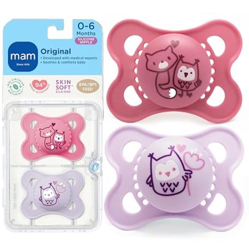 MAM Original Baby Pacifier 0-6 Mths, Skin Soft Silicone Nipple, 2 Pack