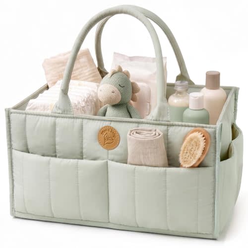 Baby Diaper Caddy Organizer - Portable Diaper Caddy with Handles & Removable Dividers - Large & Quilted Nursery Storage Basket - Changing Table Bag for Car - Baby Shower & Registry Gift - Sage Green