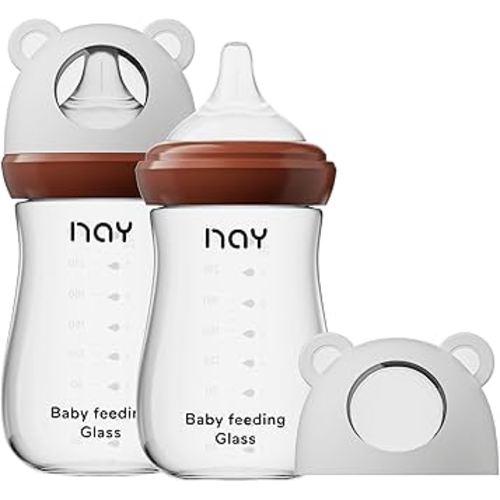 Natural Glass Baby Bottle for Breastfeeding Babies, 8oz Anti-Colic Baby Bottle with Natural Response Nipple(M), Clear, Wide Neck, 2 Pack, 3 Months+