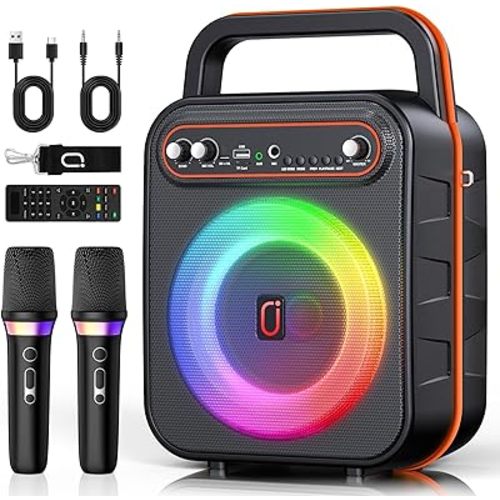 Karaoke Machine with 2 Wireless Microphones, Portable Bluetooth Speaker for Adults & Kids with RGB Light PA System Treble & Bass, Support TWS/USB/AUX/TF Card/REC, Supply for Home Party Outdoors