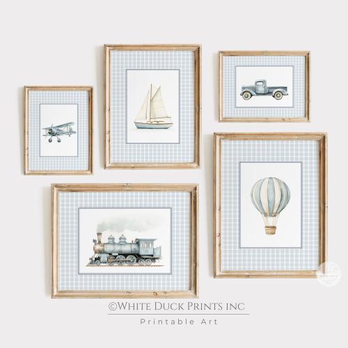 Travel Boy Nursery Wall Art Vintage Transportation Prints Blue Watercolor Truck Hot Air Balloon Boat Plane Train Blue Gingham Decor G23
