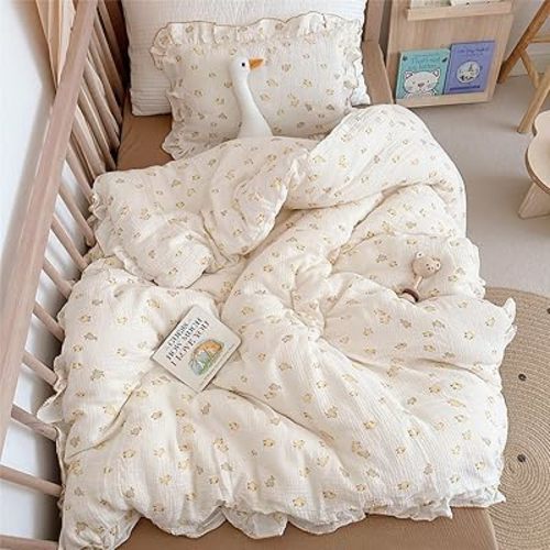 BuLuTu Baby Duckling Print Duvet Cover 47x59 Inch, Soft Muslin Duvet Cover for Boys Girls Crib Bedding Gift for Toddlers, Duck Print (Pillowcase Not Included)