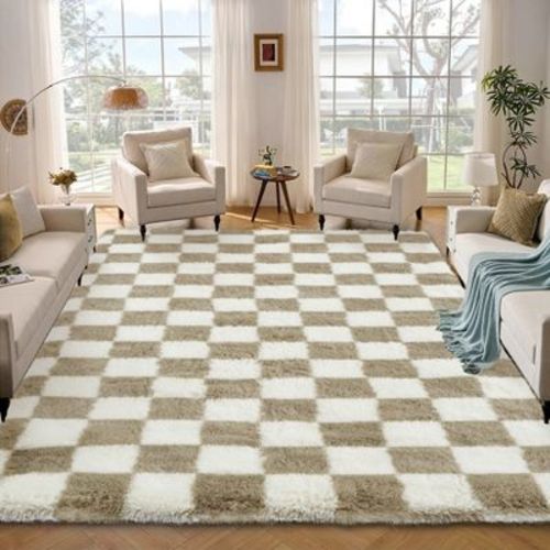 Modern Checkered Fluffy Rug Large Plush Rugs for Bedroom, Ultra Soft Non-Slip Indoor Floor Fluffy Carpet for Living Room Bedroom Playroom