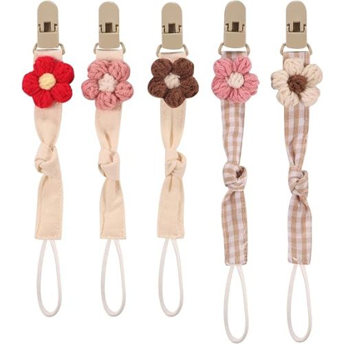 Baby's Breath 5 Pack Pacifier Clips with Adjustable Strap (14.5-18.3 in) - Handmade Boho Style Flower Design, Soft Textile Baby Holder Set for Girls, Neutral Colors for Any Outfit