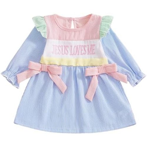 Toddler Baby Girl Christian Clothes Jesus Loves Me Embroidery Dress Ruffle Long Sleeve Striped Dresses Baptism Outfit
