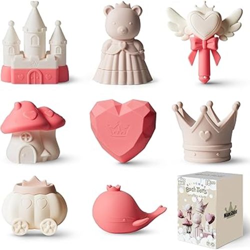 MarcZero Princess Silicone Bath Toys 8Pcs for Toddlers Kids Babies,Bathtub Water Toys,Soft Squeezable Easy-Grip Pool Toys Set (Peach Pink)