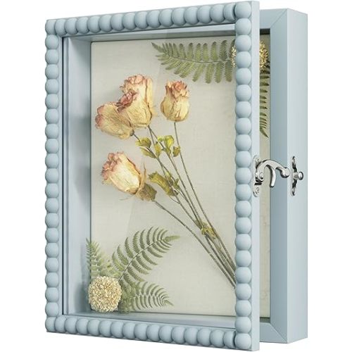 Love-KANKEI Shadow Box Frame 8x10,Wood Deep Shadow Box Display Case with Unique Beads Door and Glass Window, Memory Box Gift for Pictures,Medals,Memorabilia,Collections Blue