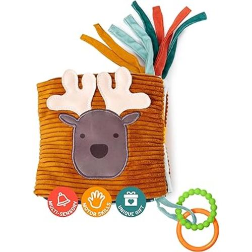 Little Big Friends 2-in-1 Soft Baby Activity Book | Crinkle Cloth Book with Mirror, Teething Ring & Textures | Sensory Toy for Infants | Attaches to Crib, Car Seat or Stroller | Forest Theme