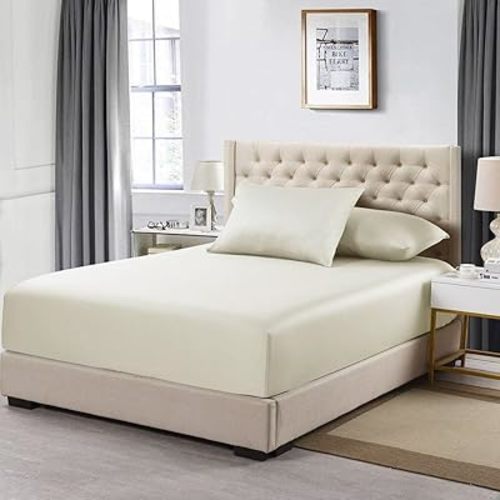 Made in USA- Low Profile Fitted Sheet Only (6-10 Inches) Pure Cotton 608 Thread Count, Twin Size Bottom Bed Sheet, Solid Ivory