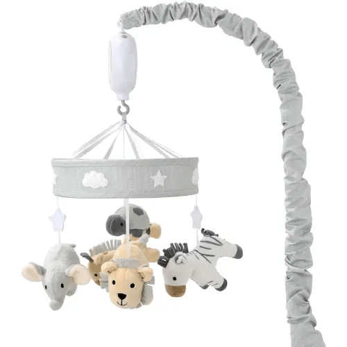 The Peanutshell Crib Mobile for Boys or Girls - Grey Musical Baby Crib Mobile with 12 Lullabies, Lion, Elephant, Zebra, Safari Plush Toys Hanging, Infant Baby Mobile Crib, Safari Nursery Decor