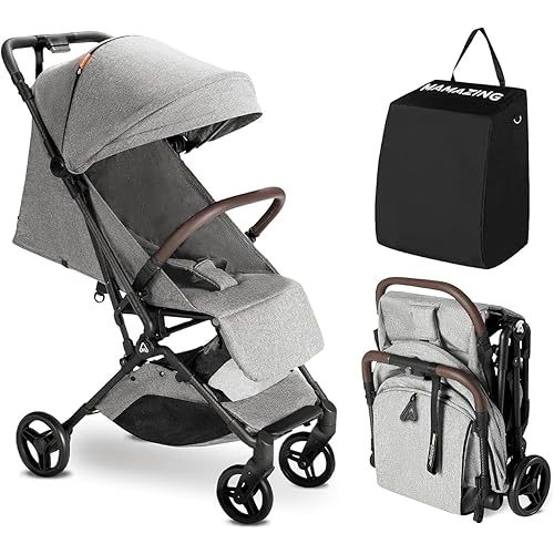 MAMAZING Lightweight Baby Travel Stroller with Carbon Fiber Frame, Compact & Airplane-Friendly, One-Handed Folding Design, 11.6 lbs, Perfect for Toddlers, Grey