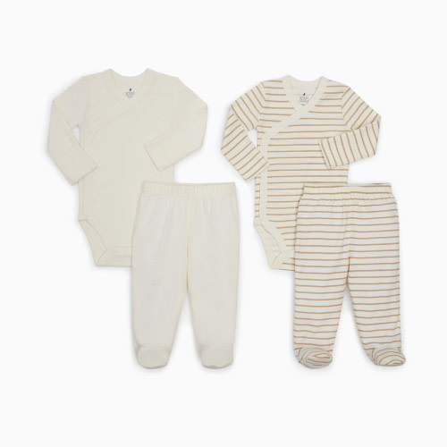 Small Story Organic Cotton Newborn 4 Piece Set - Ivory & Beige Stripe, 0-3 M