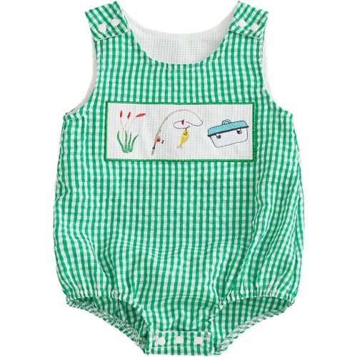 PUHHAPIEY Baby Boy Summer Clothes Sleeveless Embroidery Fishing Gingham Romper Jumpsuit Retro Smocked Shortall