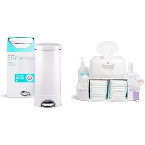 Munchkin Step Diaper Pail and Diaper Change Organizer Bundle - Award-Winning Odor Control Pail Includes 1 Refill