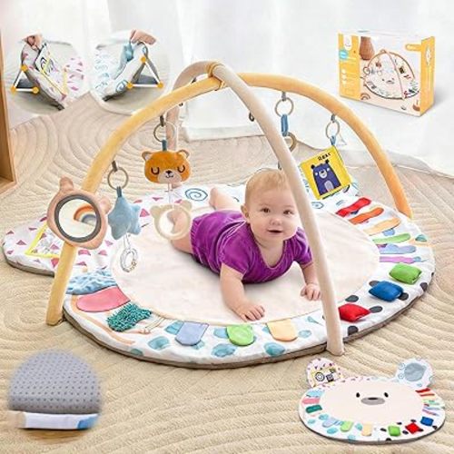 Baby Play Gym, Thickened and Non Slip Activity Mat, 5 Developmental Zones Tummy Time Mat with 5 Detachable Sensory Toys for Motor Skills, Baby Essentials Shower Gift Box(Bear)