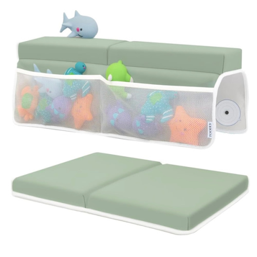 Comfortable Baby Bath Kneeler and Elbow Rest Pad Set – Thick Memory Foam Bath Kneeling Pad with Elbow Support – Baby Bathtub Cushion with Toy Organizer for Bathing Infant or Toddler - Green