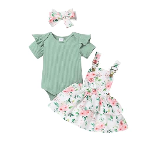 Baby Girl Summer Clothes Cute Toddler Girls Outfits Skirt Set | Short Sleeve Romper Adjustable Floral Overall Dress Headband 3PCS 0-24 Months