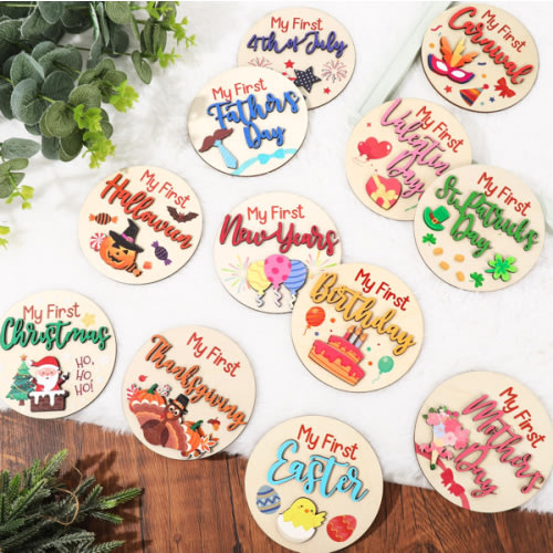 FYSUIMU 12 Pcs My First Holiday Baby Milestone Cards Double-deck Wooden Discs Announcement Sign Newborn Photography Prop for Pregnancy Baby Shower Party Favors