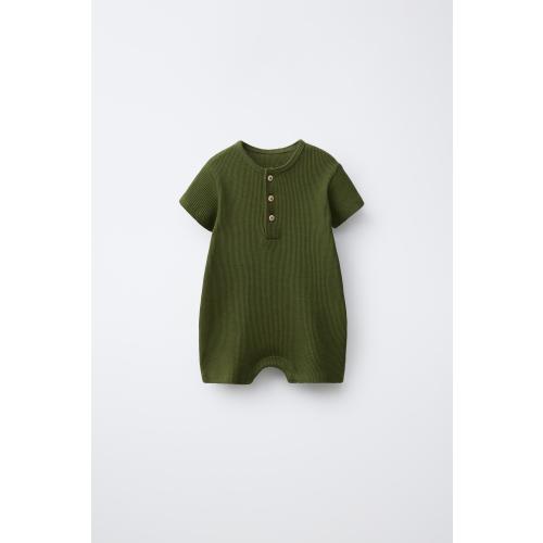 WAFFLE KNIT HENLEY ROMPER - Green | ZARA United States