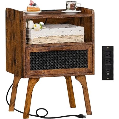 Lerliuo Rattan Nightstand with Charging Station, Side Table with Drawer Open Shelf, Cane Accent Bedside End Table with Solid Wood Legs, Night Stand for Bedroom, Dorm and Small Spaces (Brown)