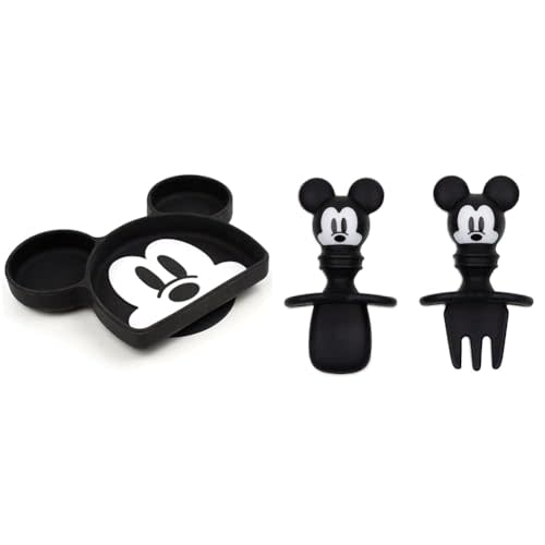 Disney Mickey Mouse Silicone Baby Plate, Utensils Set with Suction Base Dish, Spoon, Fork for Self-Feeding Toddlers (1 Count)