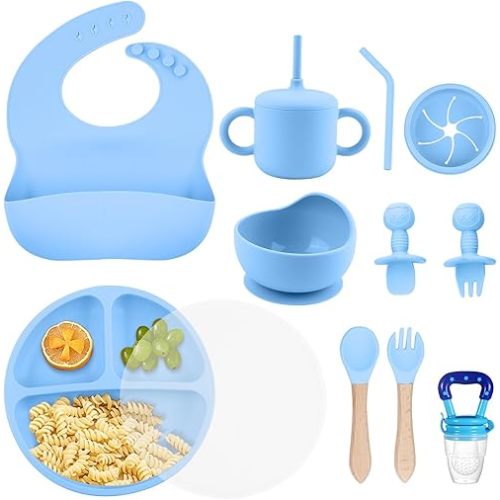 Silicone Baby Feeding Set, BPA Free Baby Feeding Essentials, Baby Suction Bowl, Plates, Bib, Sippy Cup, Spoons set, Baby Led Weaning Supplies to Develop Self-feeding Skills (Blue, With Lid)