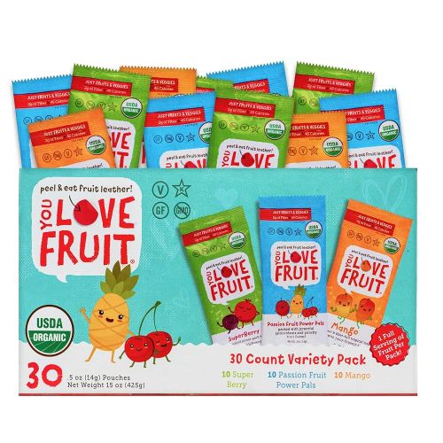 YOU LOVE FRUIT - Fruit Snacks Variety Pack 30 count, 100% Natural Gluten-Free, Vegan, Low Carb, Low Fat Fruit Kosher Snacks for Kids, College Students, Teachers and Offices, Healthy Fruit Snacks (passion fruit, super berry, mango)