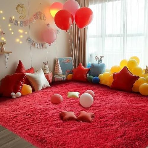 Fluffy Red Rug for Bedroom 4x6 - Soft Plush Non-Slip Carpet | Festive Red Style: Bold Red Elevates Your Home For Christmas, Valentine'S Day New Year - Perfect Holiday Upgrade