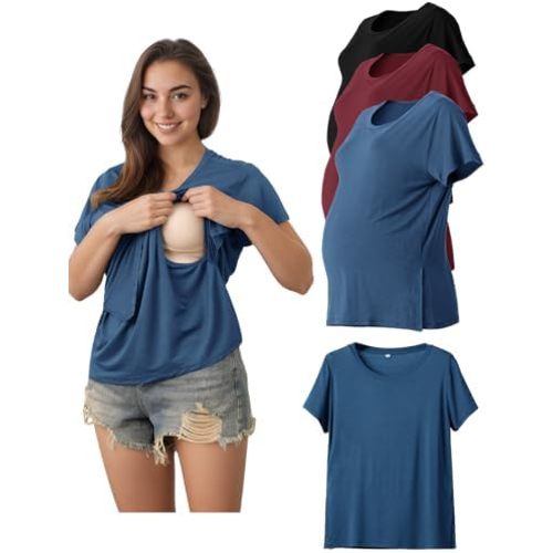 MEDIUM - Hidden Summer Nursing Tops for Breastfeeding Short Sleeve Maternity Nursing T Shirts Clothes 3 Pack Double Layer