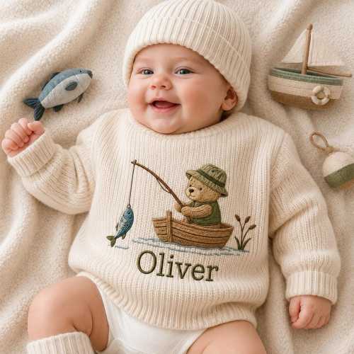 Custom Bear Go Fishing Embroidered Baby Sweater, Daddys Fishing Buddy Knit Sweater, Fisherman Jumper, Baby Shower Gift Coming Home Outfit