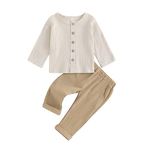 Thorn Tree Toddler Boys Girls Fall Outfits Long Sleeve Button Down Shirt Elastic Waist Pants 2Pcs Little Kids Clothes Set