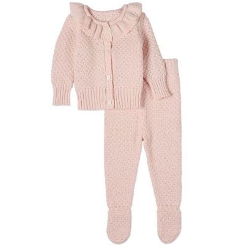 MiniMoi 2 Piece Set Baby Girls 100% Cotton Knit Cardigan and Footed Pant Baby Pink 6-M