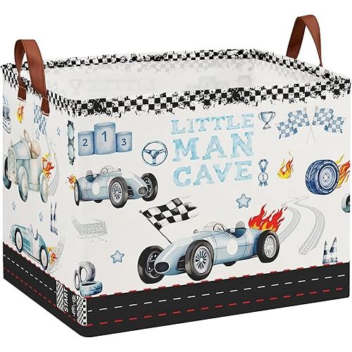 Car Themed Room Decor Basket, Kids Vintage Car Laundry Hampers,Storage Bins,Tire Toy Box for Boys, Blue Basket for Gifts Empty(Vintage Blue)