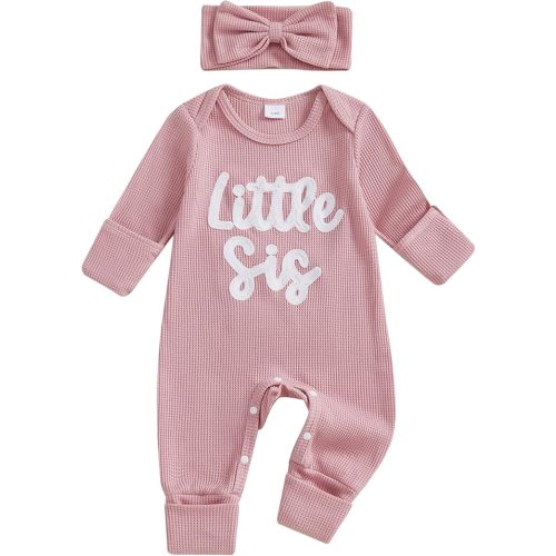 Little Sister Newborn Outfit Baby Girl Going Home Outfit Infant Romper Waffle Footies Knitted Jumpsuit Mitten Clothes