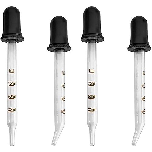 Eye Dropper - (Pack of 4) Bent & Straight Tip Calibrated Glass Medicine Droppers for Medications or Essential Oils Pipette Dropper for Accurate Easy Dose and Measurement (1 mL Capacity)