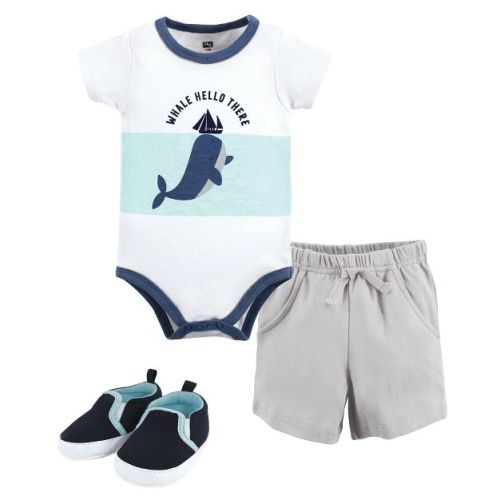Hudson Baby Infant Boy Cotton Bodysuit, Shorts and Shoe Set, Underwater Whale