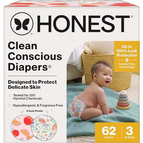The Honest Company Clean Conscious Diapers for Delicate Skin | Up to 100% Leakproof | Hypoallergenic, Fragrance Free | Girl Prints | Club Box, Size 3 (16-28 lbs), 62 Count (Prints May Vary)
