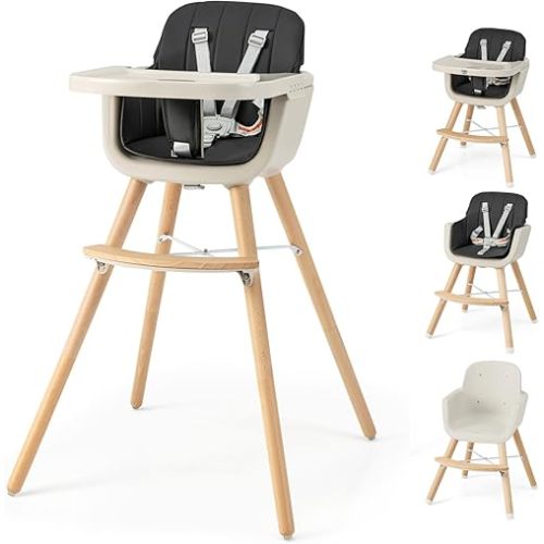 HONEY JOY Baby High Chair, 6-in-1 Eat & Grow Wooden Highchair/Toddler Chair with Removable Tray, 5-Point Harness, PU Cushion and Footrest, Convertible High Chair for Babies and Toddlers(Black)