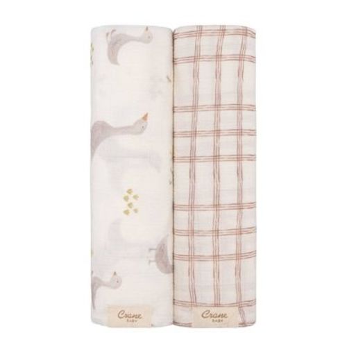 Crane Baby Muslin Swaddle Blanket 2pc - Charlie Farmhouse Goose/Check