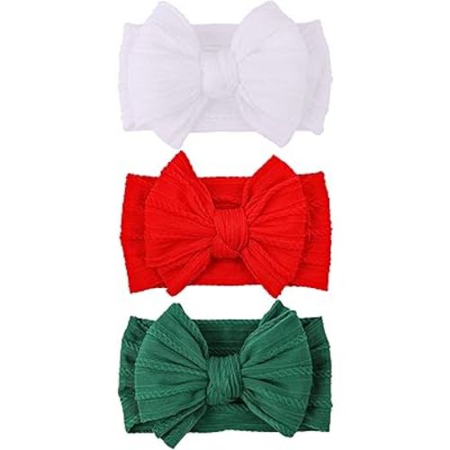 LemonSpace Handmade Baby Girls Headbands Soft Stretchy Nylon Hair Bands Hair Accessories with Bows for Newborn Baby Girls Infant Toddlers Kids (Red Green White-Merry Christmas)