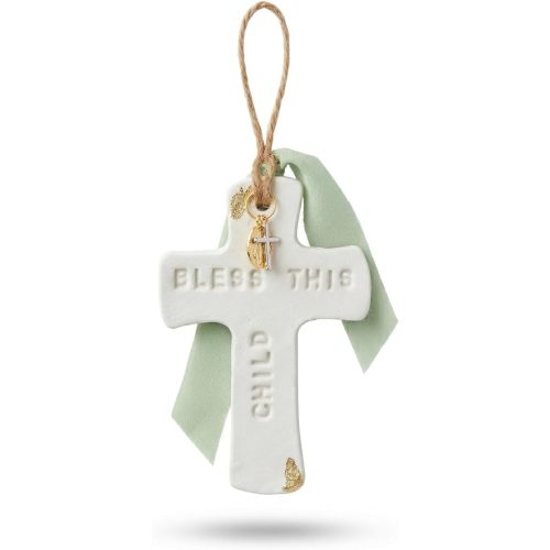 The Makerie cr Bless This Child Nursery Wall Cross, Handmade with love in Costa Rica, Clay Ornament with Virgin Mary Charm, Baby Shower or Baptism Gift, Sage Green Ribbon
