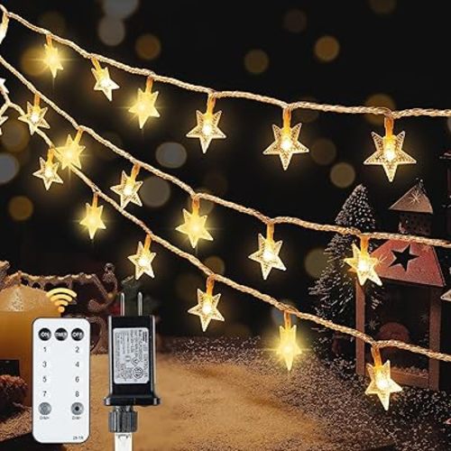 HEYFUNi Warm White Star String Lights,39FT 100LED Plug in Fairy Twinkle Lights with 8 Modes Waterproof for Indoor Outdoor Christmas Tree,Home,Girls’ Room,Garden,Party,Wedding Decor(Warm White)