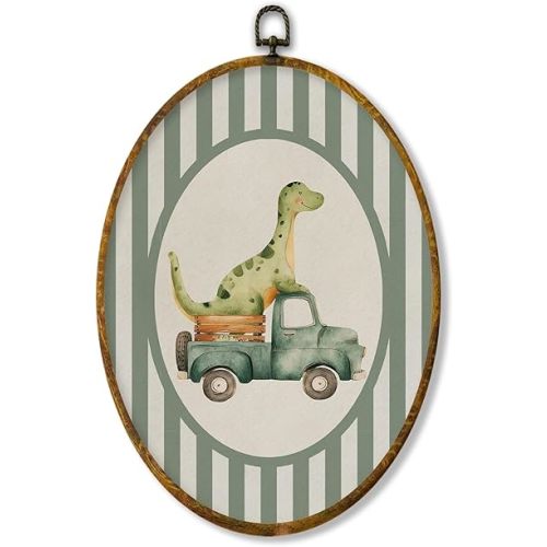 XPH Vintage Dinosaur Nursery Oval Wall Art Framed, Kids Oval Wall Decor Accents, Green Striped Dinosaur Racing Car Hanging Canvas Prints for Home Kids Boy Room Playroom Bedroom Decoration, 8.6x11.4 Inch