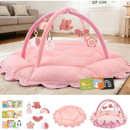 5-in-1 Baby Activity Gym & Play Mat with 6 Hanging Toys, Tummy Time Mat & Cards - Extra Large, Reversible Machine Washable Pad - Gift for Newborns, Infants 0-12 Months, Light Pink