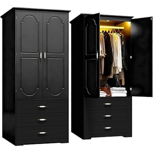 FJTJBSI Armoire Wardrobe Closet with 3 Drawers and LED Light 72" Wooden Bedroom Armoire with 2 Doors and Retro Ceramic Door Handles Modern Wardrobe Cabinet with Removable Hanging Rod Black